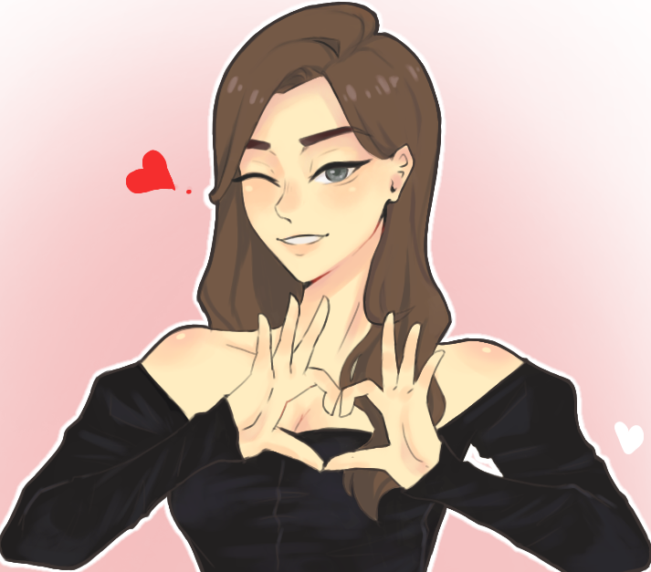digital art of Skell, a blonde haired femme presenting person making a heart with their hands